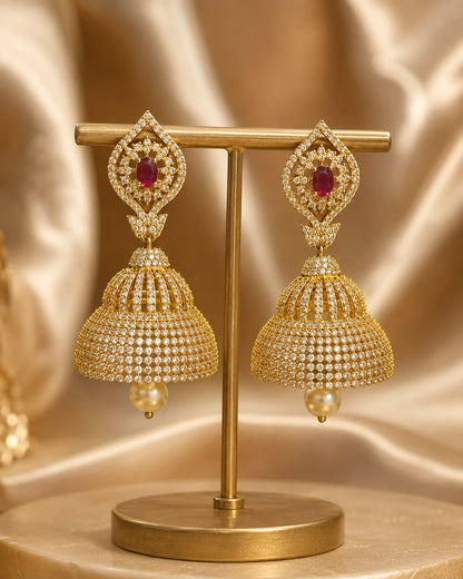Ruby Paisley Gold-Plated CZ Bell Jhumka Earrings – gold-plated ruby paisley CZ bell jhumka earrings displayed as – front view