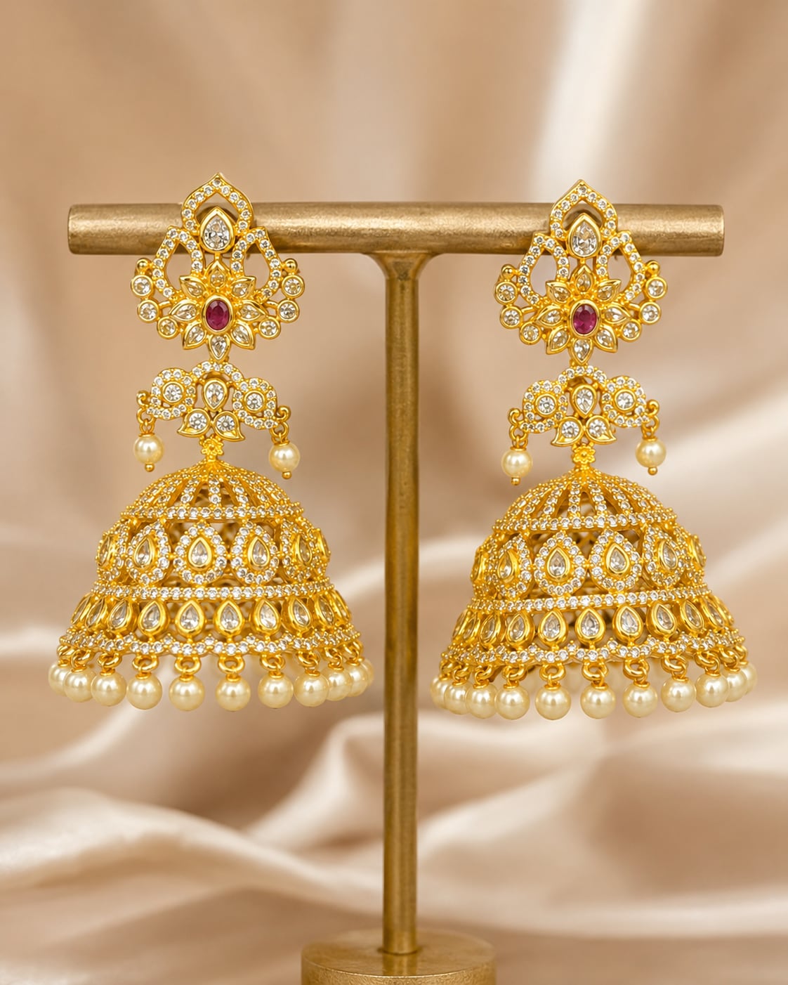 Ruby Gold-Plated CZ Grand Pearl-Look Fringe Jhumka Earrings – Pair of grand gold-plated CZ jhumka earrings, front – view 5