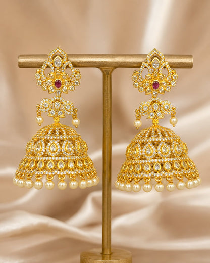 Ruby Gold-Plated CZ Grand Pearl-Look Fringe Jhumka Earrings – Pair of grand gold-plated CZ jhumka earrings, front – view 5