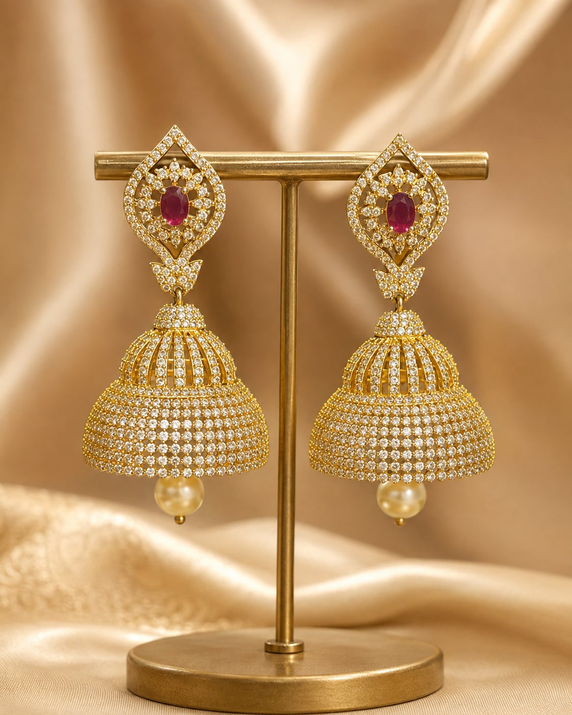 Ruby Paisley Gold-Plated CZ Bell Jhumka Earrings – Front view of one matching pair of gold-plated ruby paisley CZ – view 5