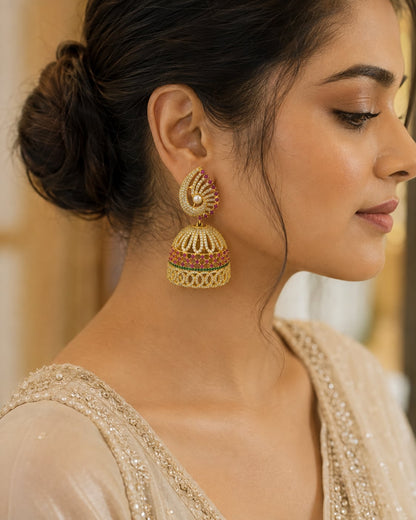 Ruby Fan Gold-Plated CZ Jhumka Earrings with Pearl-Look Drop – Model wearing gold-plated ruby fan CZ jhumka earrings – view 2