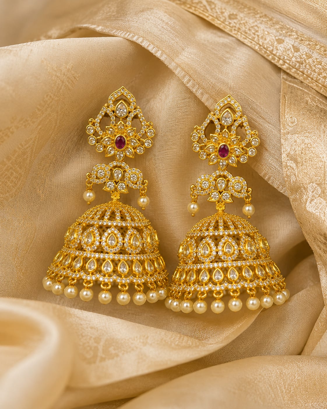 Ruby Gold-Plated CZ Grand Pearl-Look Fringe Jhumka Earrings – grand ruby CZ jhumka earrings styled on Indian silk – view 3