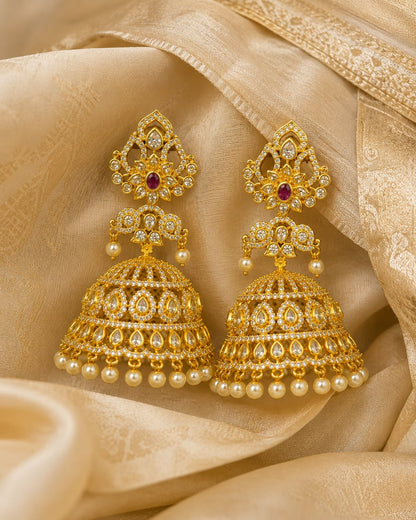 Ruby Gold-Plated CZ Grand Pearl-Look Fringe Jhumka Earrings – grand ruby CZ jhumka earrings styled on Indian silk – view 3