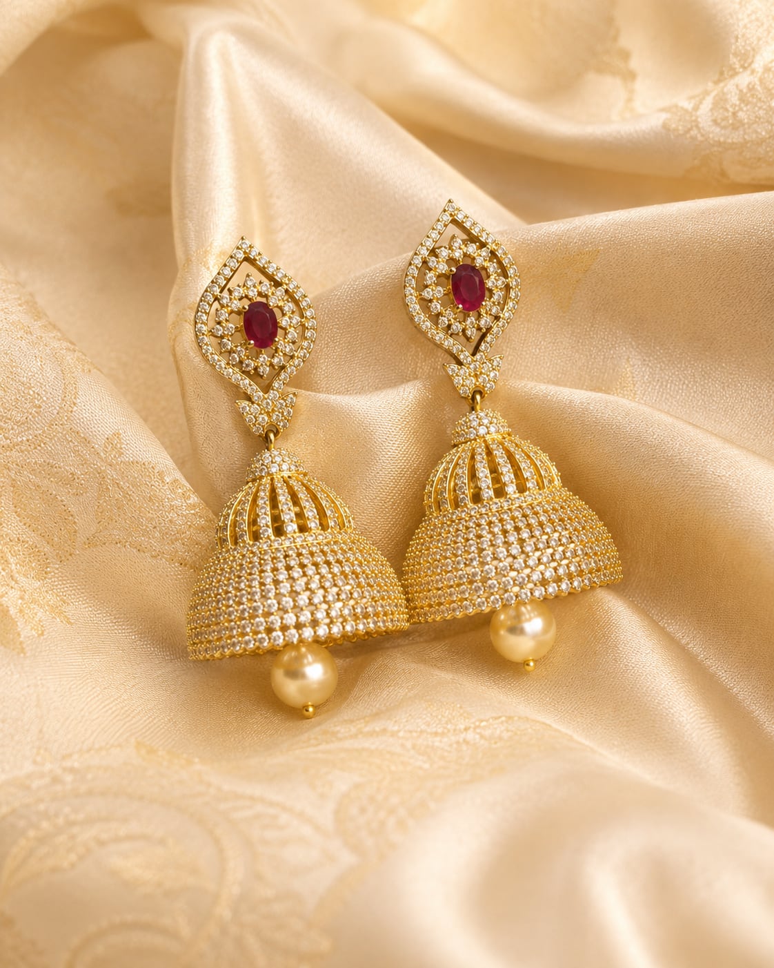 Ruby Paisley Gold-Plated CZ Bell Jhumka Earrings – gold-plated ruby paisley CZ bell jhumka earrings styled with – view 3