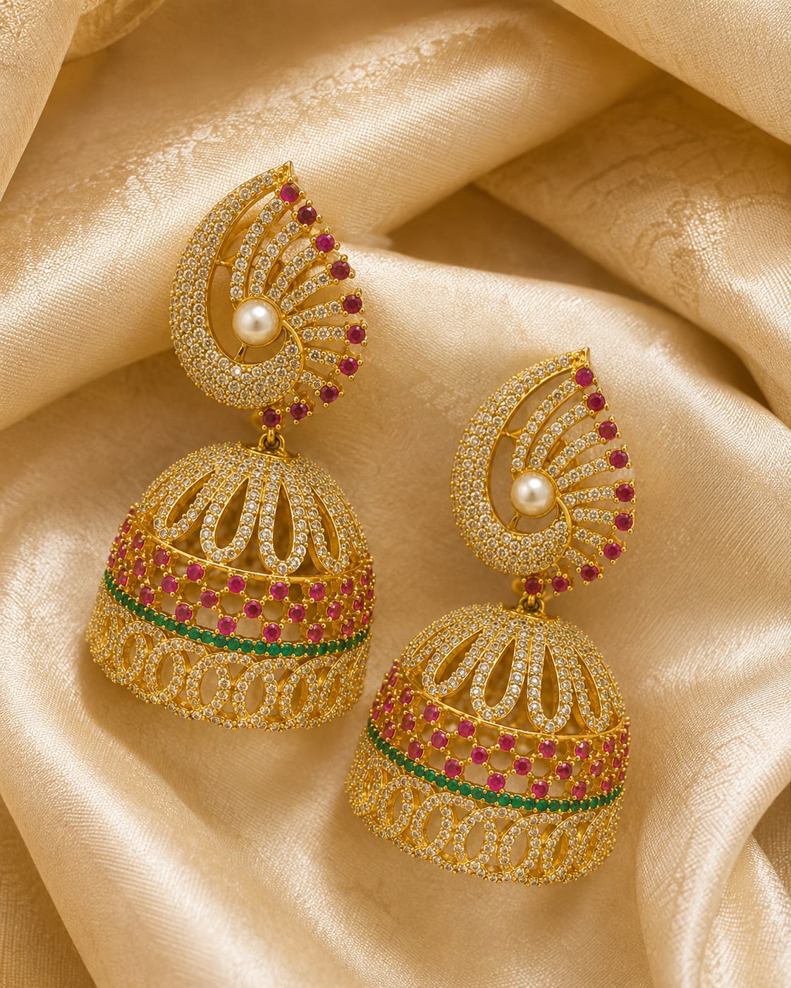 Ruby Fan Gold-Plated CZ Jhumka Earrings with Pearl-Look Drop – gold-plated ruby fan CZ jhumka earrings with – view 3