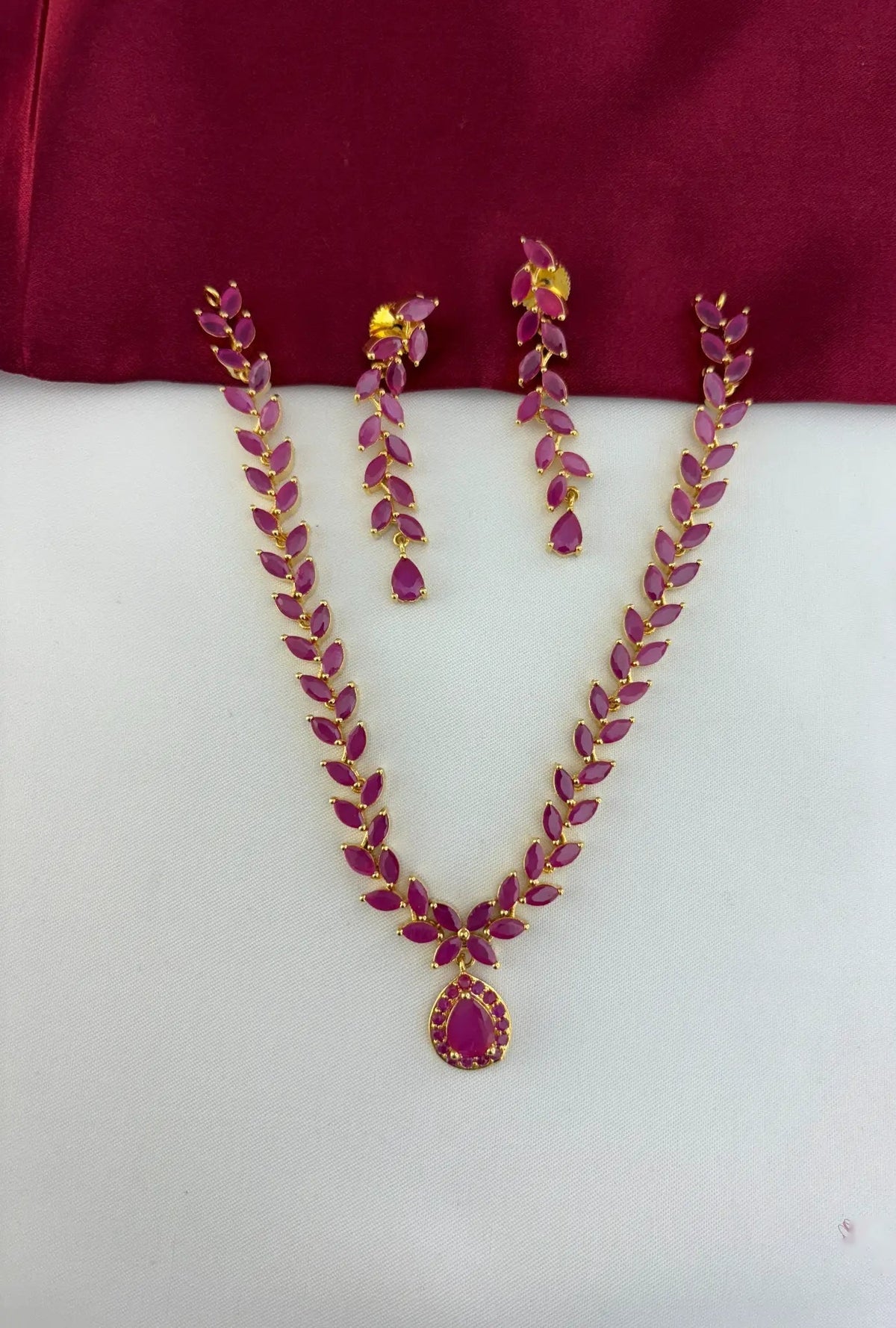 Gold-Plated Ruby Leaf Droplet Short Necklace Set – Gold Plated Ruby-Tone Leaf Droplet Necklace Set - Vine Grace – front view