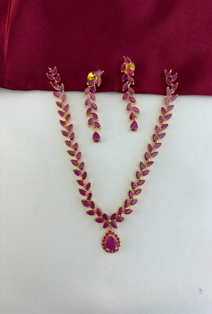 Gold-Plated Ruby Leaf Droplet Short Necklace Set – Gold Plated Ruby-Tone Leaf Droplet Necklace Set - Vine Grace – front view