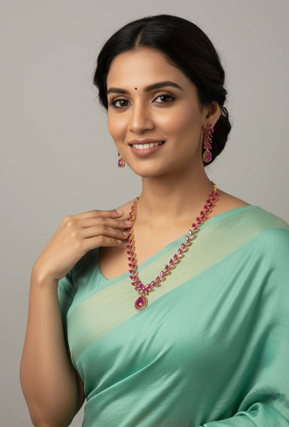 Gold-Plated Ruby Leaf Droplet Short Necklace Set – Gold Plated Ruby Leaf Droplet Necklace Set - Vine Grace - Ruby – view 2