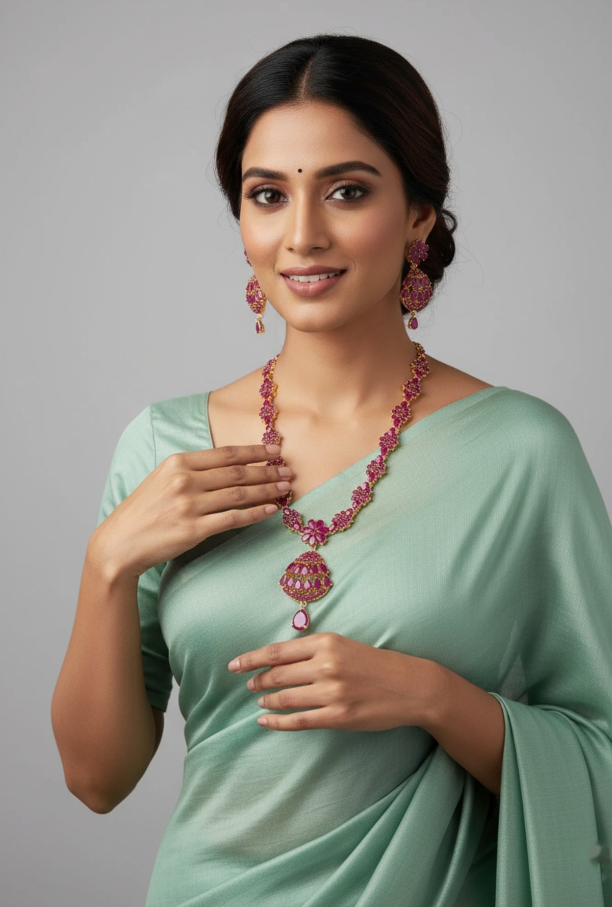 Gold-Plated Ruby Marquis Petal Cluster Necklace Set - Royal Elegance – Gold Plated Ruby Necklace Set - Model wearing – view 2