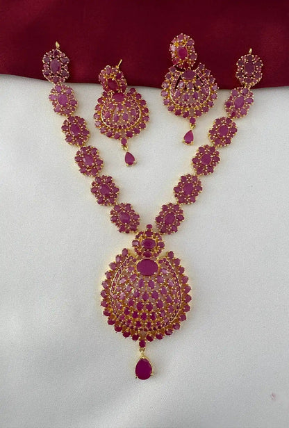 Gold-Plated Ruby Oval Petal Necklace Earring Set - Grandeur Collection – Gold Plated Ruby-Tone Oval Petal – front view