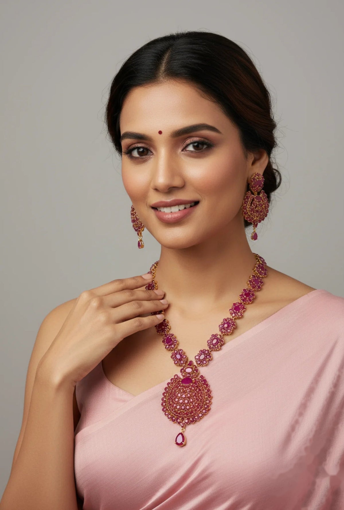 Gold-Plated Ruby Oval Petal Necklace Earring Set - Grandeur Collection – Gold Plated Ruby Oval Petal Necklace – view 2
