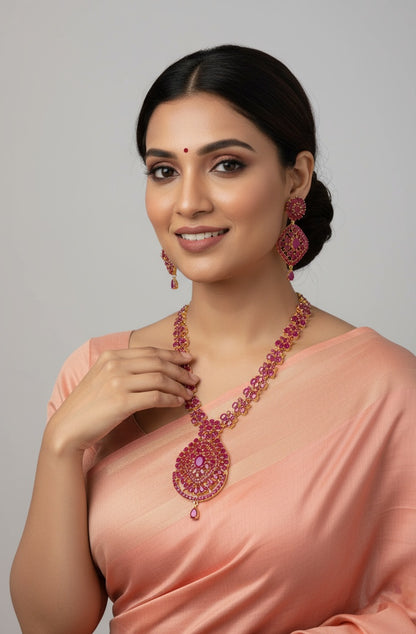 Gold-Plated Ruby Petal Cluster Necklace Set - Grand Bloom – Gold Plated Ruby Necklace Set - Model wearing elegant – view 2