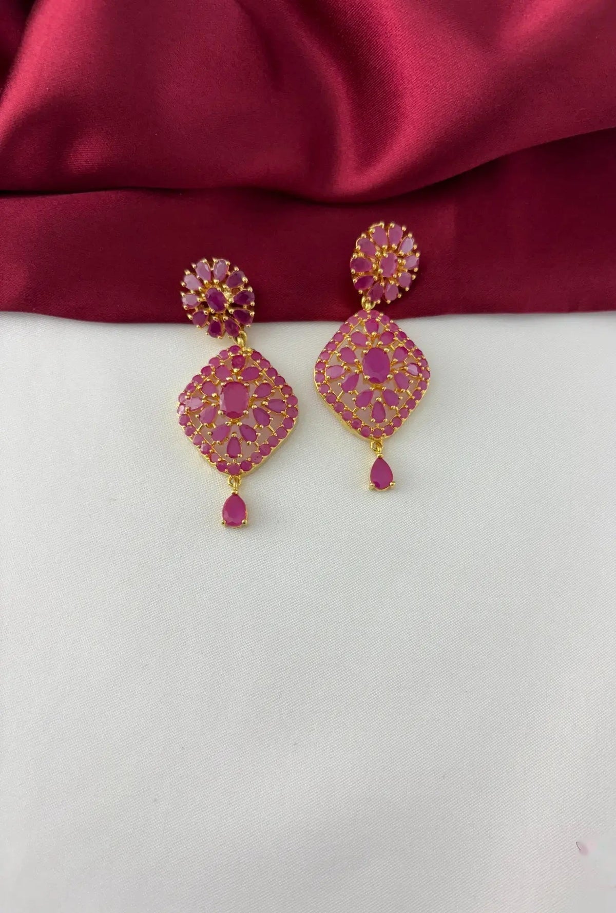 Gold-Plated Ruby Petal Cluster Necklace Set - Grand Bloom – Gold Plated Ruby Petal Cluster Earrings - Close-up view – view 3