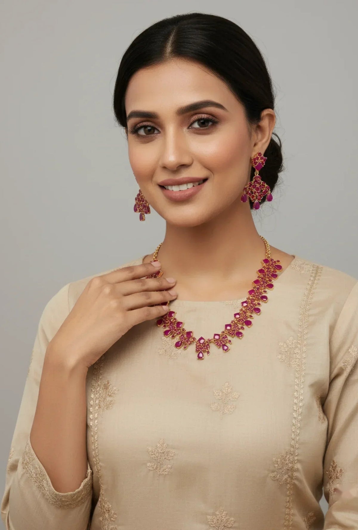 Gold-Plated Ruby Petal Cluster Necklace Set - Modern Elegance – Gold Plated Ruby Necklace Set - Model wearing – view 2