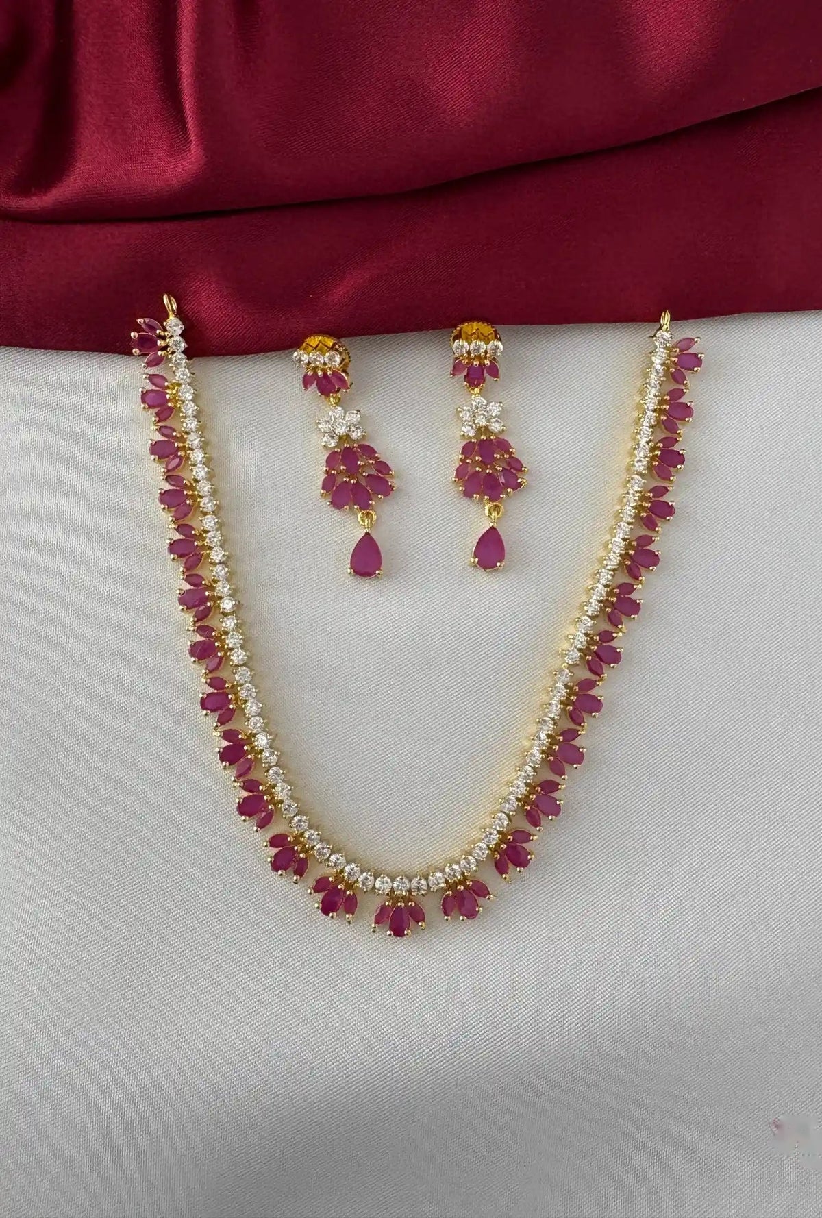 Gold-Plated Ruby Petal Drop Necklace Earring Set - Delicate Floral Design – Gold Plated Ruby-Tone Petal Drop – front view
