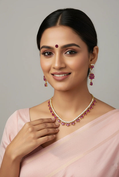 Gold-Plated Ruby Petal Drop Necklace Earring Set - Delicate Floral Design – Gold Plated Ruby Petal Drop Necklace – view 2