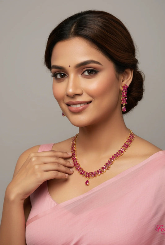 Gold-Plated Ruby Petal Necklace Set - Delicate Design – Gold Plated Ruby Petal Necklace Set - Delicate Design - Gold – view 2