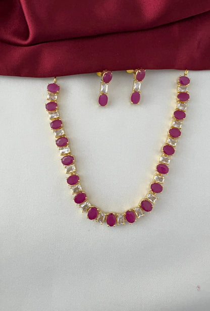 Gold-Plated Ruby White Gem Oval Necklace Set - Regal Allure – Gold Plated Ruby-Tone White Gem Oval Necklace Set – front view