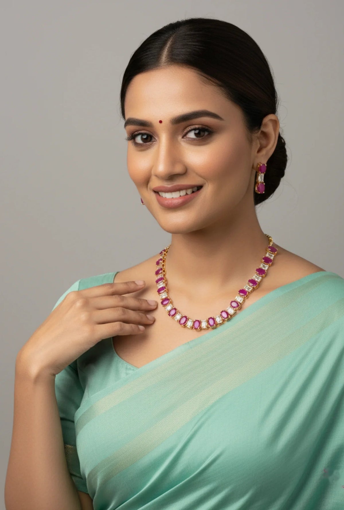 Gold-Plated Ruby White Gem Oval Necklace Set - Regal Allure – Gold Plated Ruby White Gem Oval Necklace Set - Regal – view 2