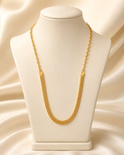 Layered Gold Tone Chain Necklace for Indian Occasion Wear – gold-polished necklace on jewellery display – front view