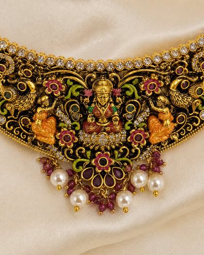 Lakshmi Kemp Meenakari Temple Hasli Choker Necklace Set for Indian Occasion Wear – gold-polished necklace set with – view 4