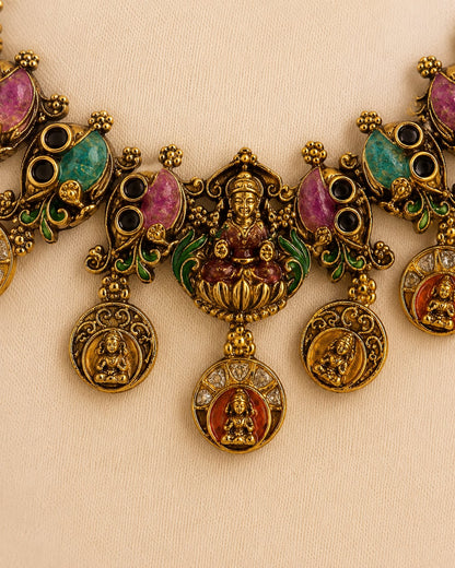 Lakshmi Kemp Meenakari Temple Haram Necklace Set for Indian Occasion Wear – gold-polished necklace set with matching – view 4
