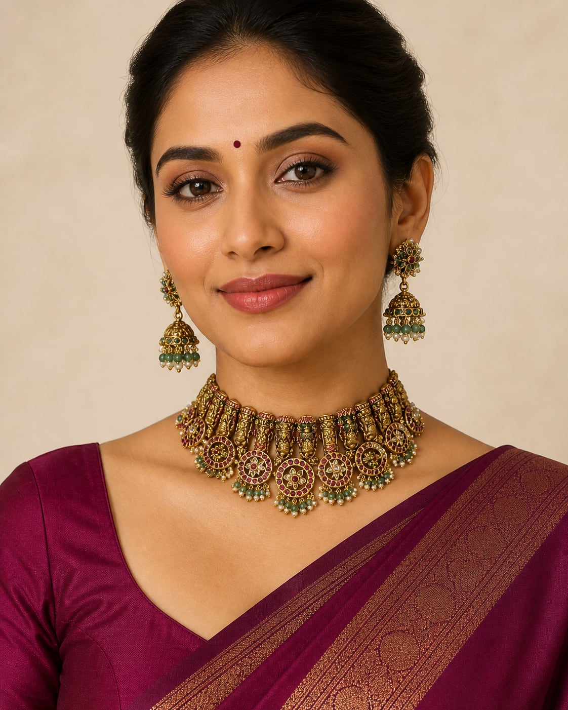 Lakshmi Kemp Meenakari Temple Choker Necklace Set for Indian Occasion Wear – gold-polished necklace set with – view 2