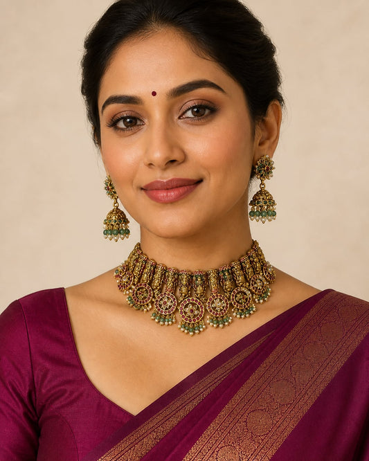 Lakshmi Kemp Meenakari Temple Choker Necklace Set for Indian Occasion Wear – gold-polished necklace set with – view 2
