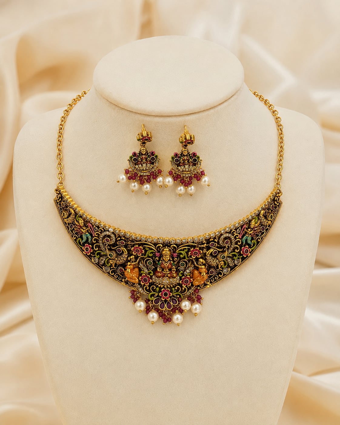 Lakshmi Kemp Meenakari Temple Hasli Choker Necklace Set for Indian Occasion Wear – gold-polished necklace set – front view