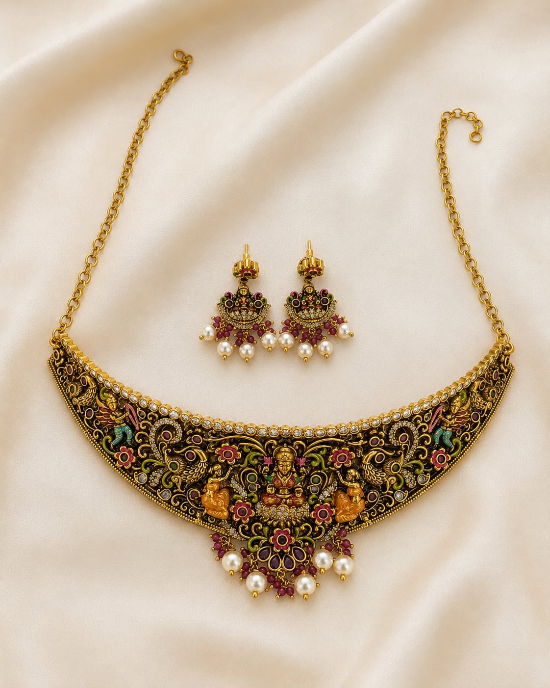 Lakshmi Kemp Meenakari Temple Hasli Choker Necklace Set for Indian Occasion Wear – gold-polished necklace set with – view 5