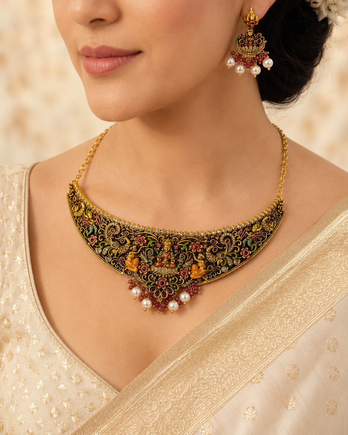 Lakshmi Kemp Meenakari Temple Hasli Choker Necklace Set for Indian Occasion Wear – gold-polished necklace set with – view 2