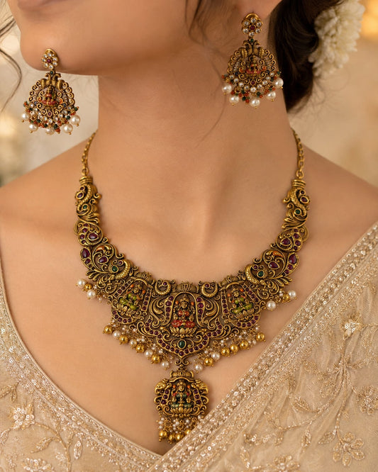 Lakshmi Kemp Meenakari Short Temple Necklace Set for Indian Occasion Wear – gold-polished necklace set with matching – view 2