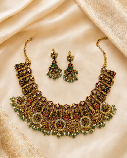 Lakshmi Kemp Meenakari Temple Choker Necklace Set for Indian Occasion Wear – gold-polished necklace set with – view 3