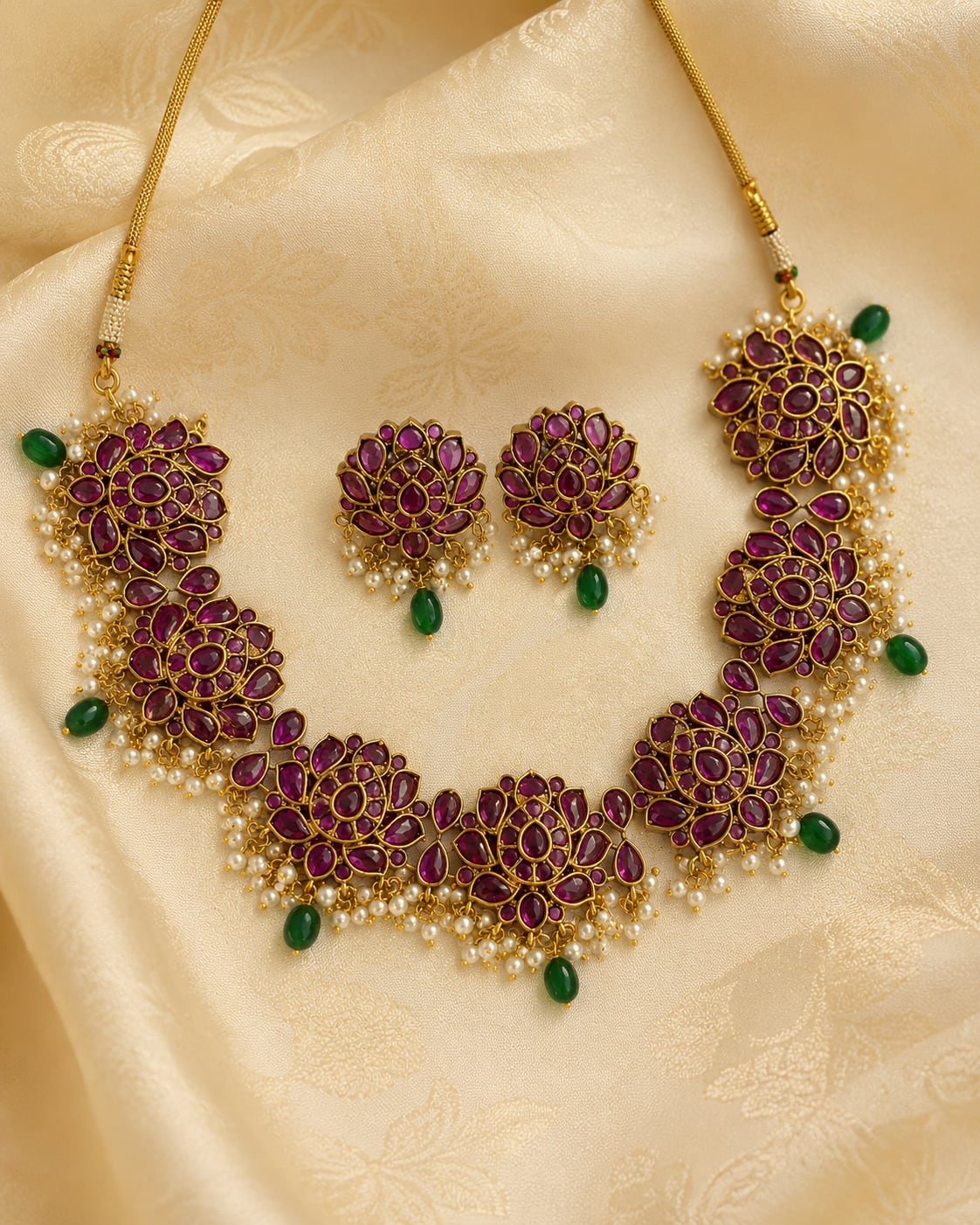 Kamal Lotus Kemp Meenakari Temple Choker Necklace Set for Indian Occasion Wear – gold-polished necklace set with – view 3