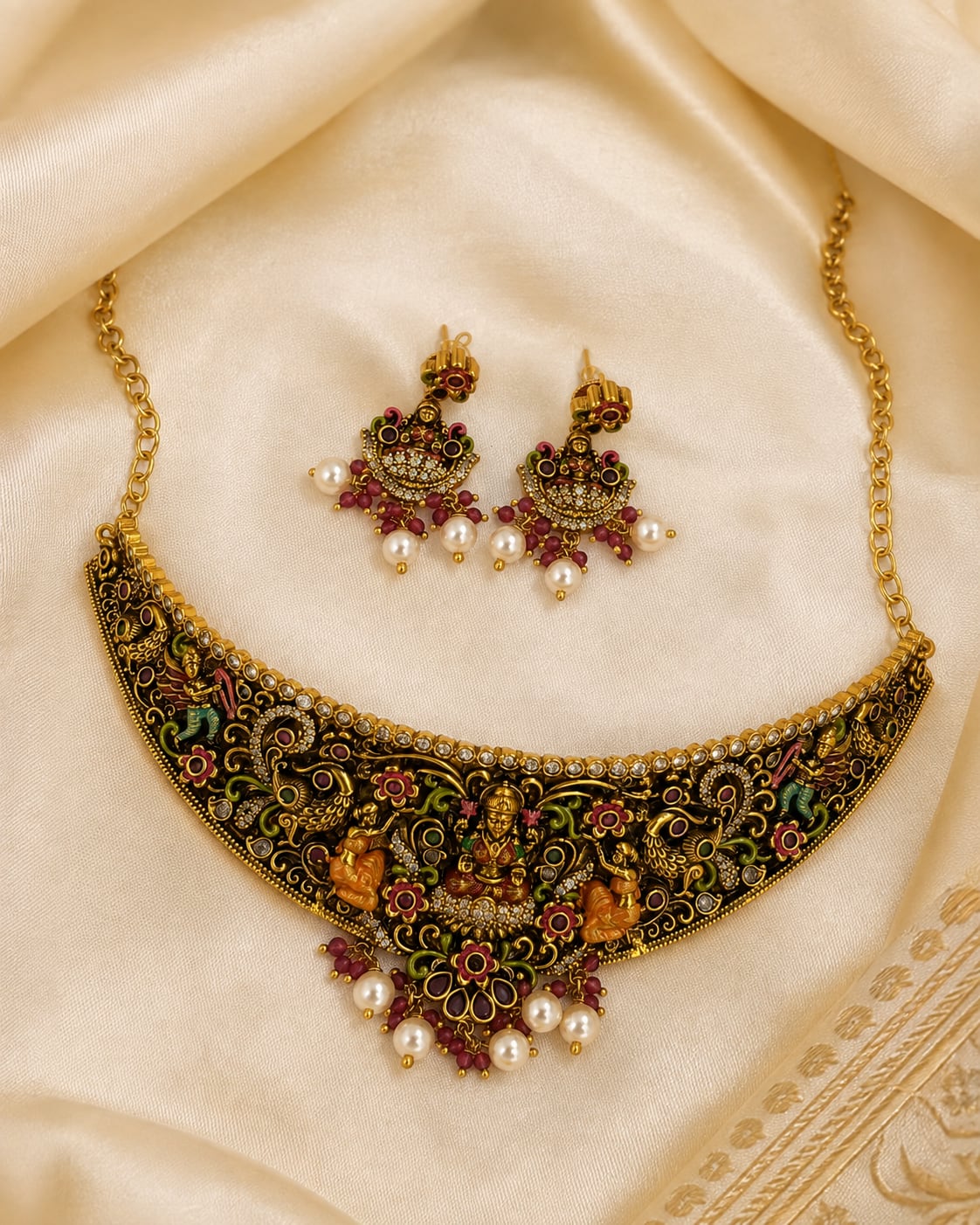 Lakshmi Kemp Meenakari Temple Hasli Choker Necklace Set for Indian Occasion Wear – gold-polished necklace set with – view 3
