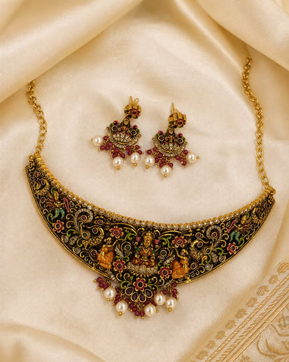 Lakshmi Kemp Meenakari Temple Hasli Choker Necklace Set for Indian Occasion Wear – gold-polished necklace set with – view 3