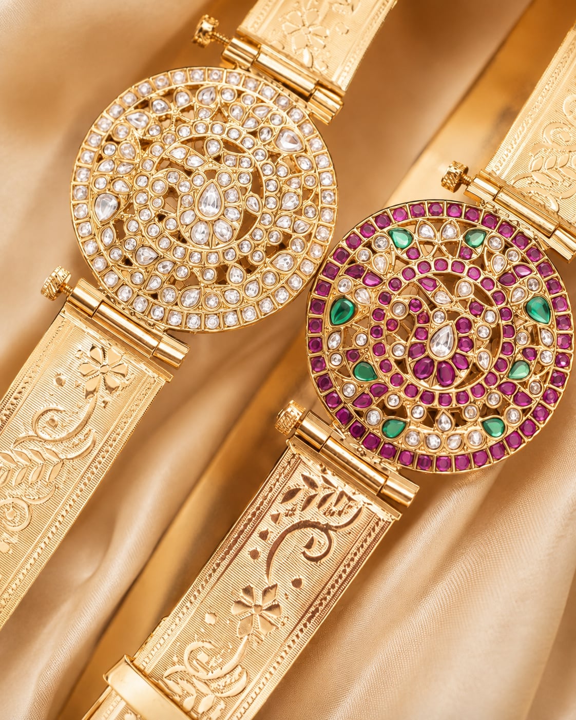 Round Medallion Antique Gold-Polished Vaddanam – gold-polished vaddanam waist belt waist belt curve, stone setting – view 4