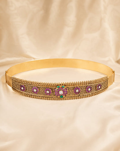 Floral Band Antique Gold-Polished Vaddanam – gold-polished vaddanam waist belt waist belt curve, stone setting – view 4