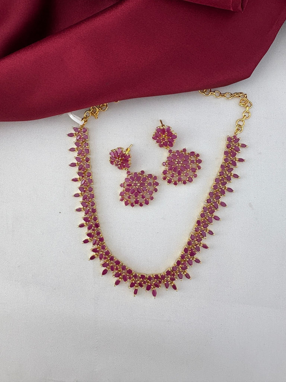 Gorgeous Ruby CZ Short Necklace Set for Coimbatore Celebrations – Gorgeous Ruby-Tone CZ Short Necklace Set with – front view