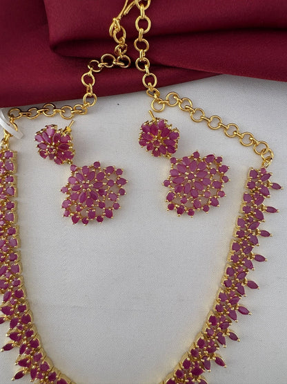 Gorgeous Ruby CZ Short Necklace Set for Coimbatore Celebrations – Close-up detail of the Gorgeous Ruby-Tone CZ Short – view 3