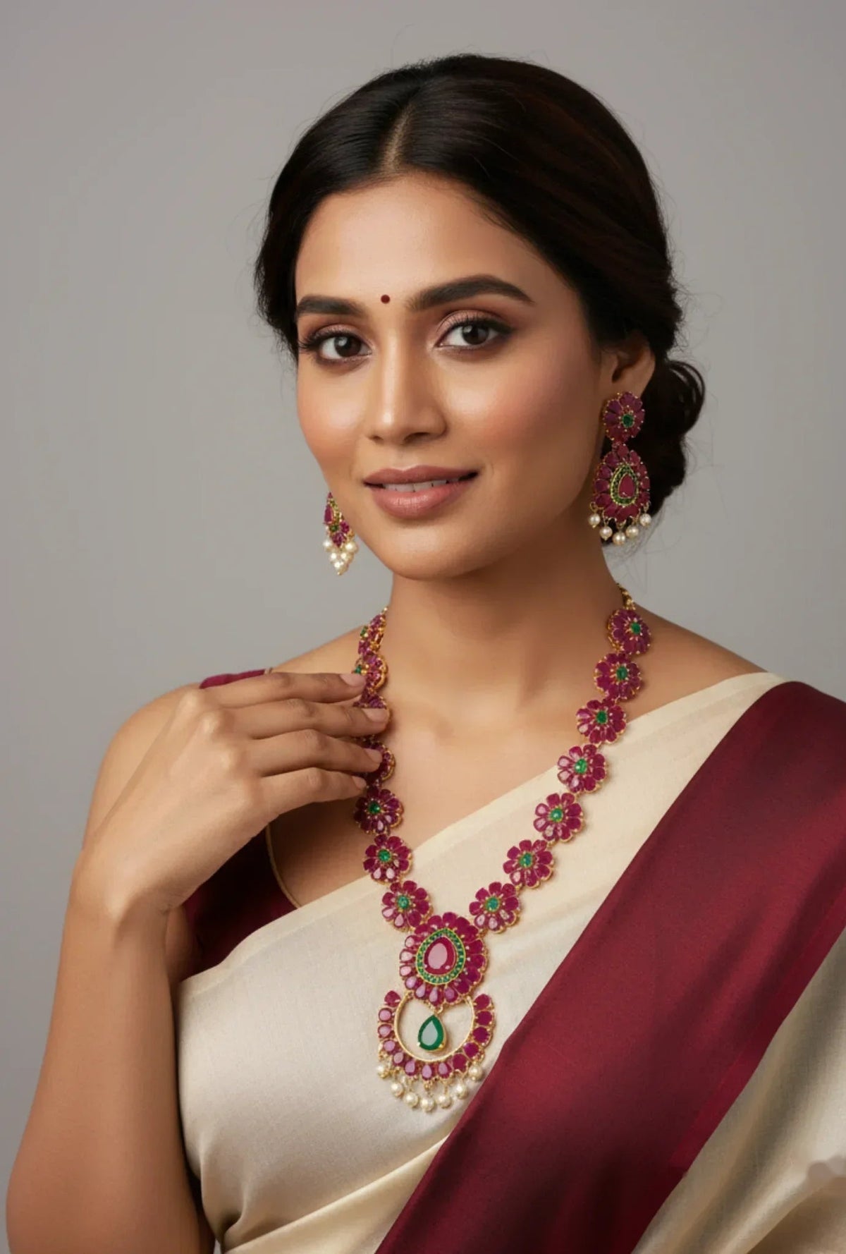 Heritage Bloom Necklace Set with Ruby and Emerald Accents – Gold Plated Floral Ruby Emerald Necklace Set - Model – view 2
