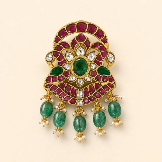 Jadau Kundan Iruttai Mayil Padmam Twin Peacock Lotus Pendant – Front view of Iruttai Mayil Padmam Jadau Kundan pendant with