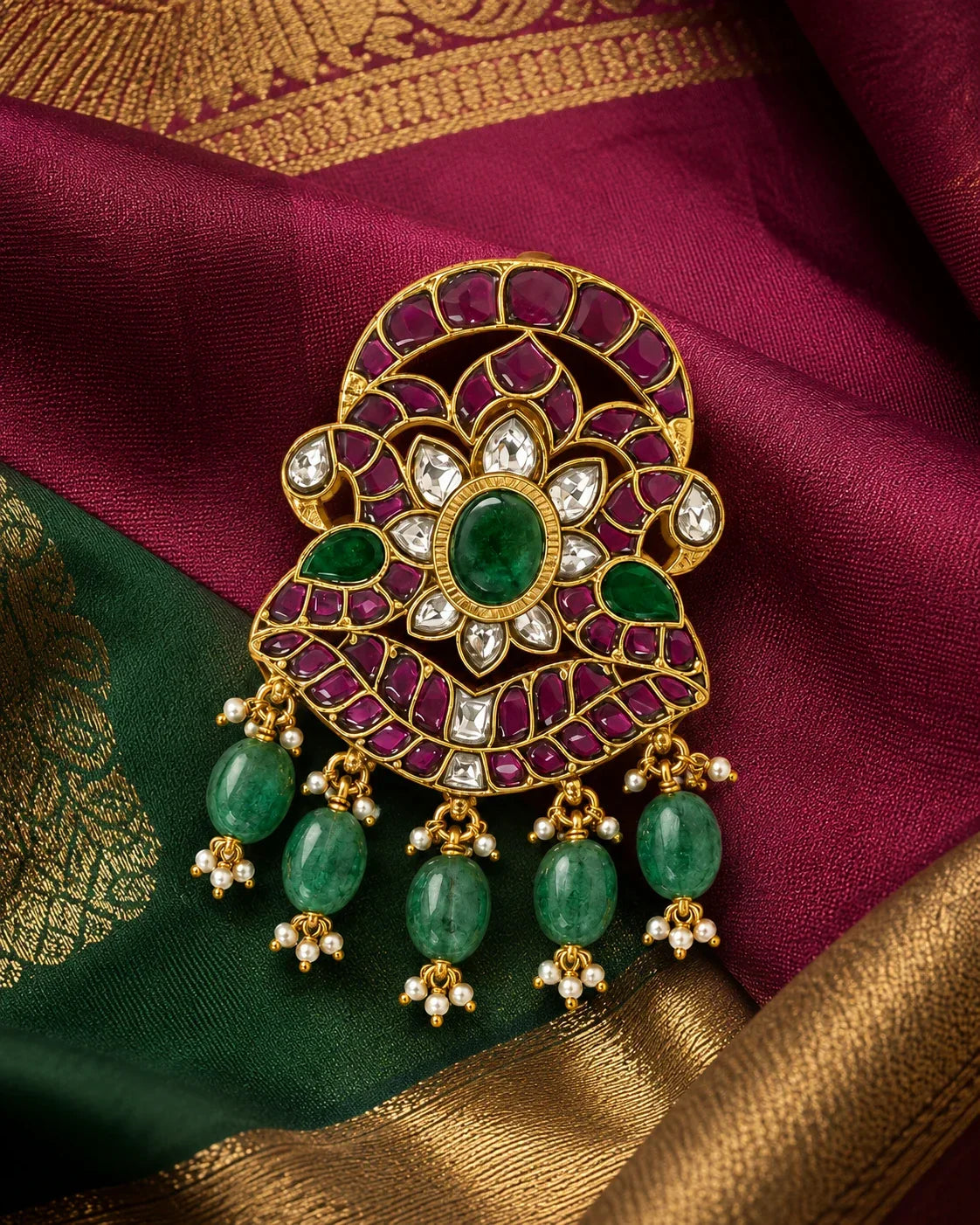 Jadau Kundan Iruttai Mayil Padmam Twin Peacock Lotus Pendant – Iruttai Mayil Padmam Jadau Kundan pendant styled on – view 4