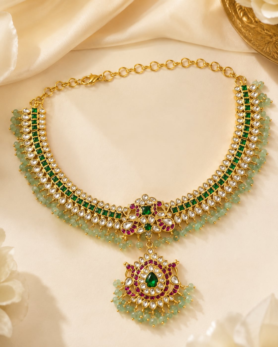 Jadau Kundan Emerald Bead Double Row Necklace for Wedding Functions – jadau kundan necklace for sarees and festive – view 5