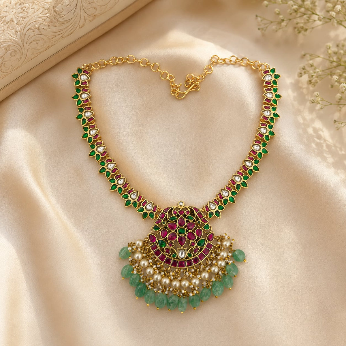 Jadau Kundan Ruby Green Necklace with Round Pendant for Wedding Functions – jadau kundan necklace for sarees and – view 4