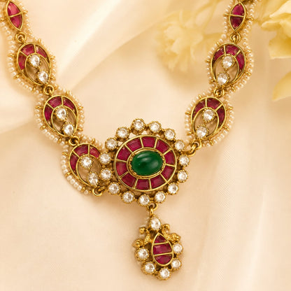 Jadau Kundan Ruby Green Circular Motif Necklace Set for Wedding Functions – jadau kundan necklace set with matching – view 4