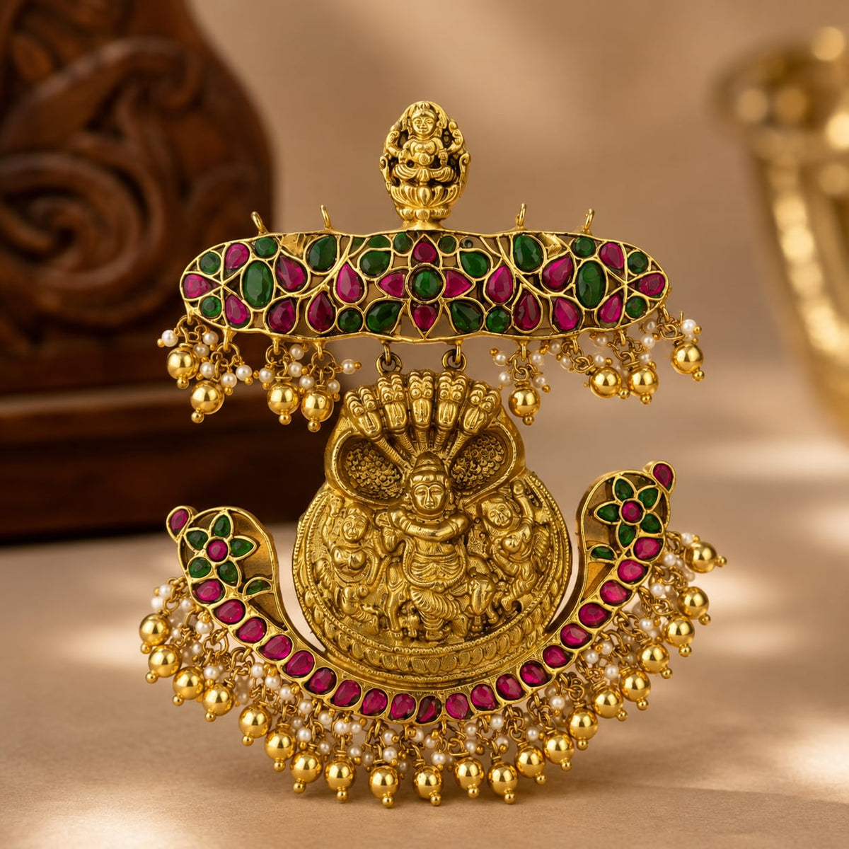 Jadau Kundan Kalinga Narthana Krishna Heritage Pendant – jadau kundan pendant for sarees and festive styling – view 5