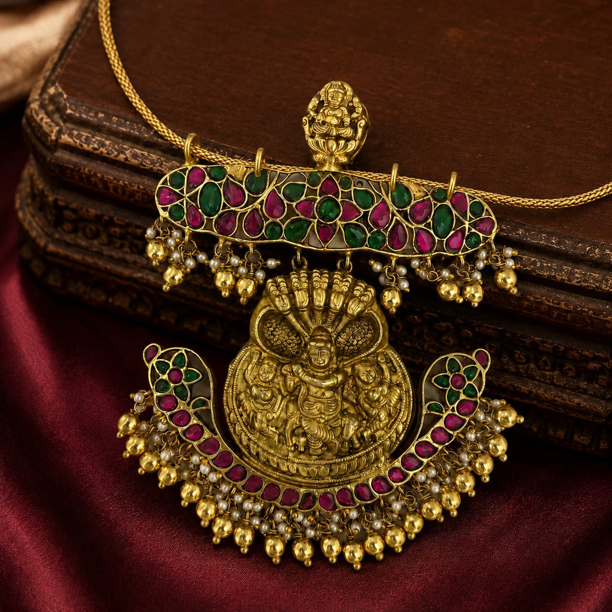 Jadau Kundan Kalinga Narthana Krishna Heritage Pendant – jadau kundan pendant styled with Indian occasion wear – view 2