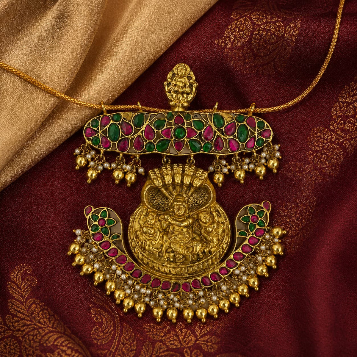 Jadau Kundan Kalinga Narthana Krishna Heritage Pendant – jadau kundan pendant styled with saree fabric for Indian – view 3