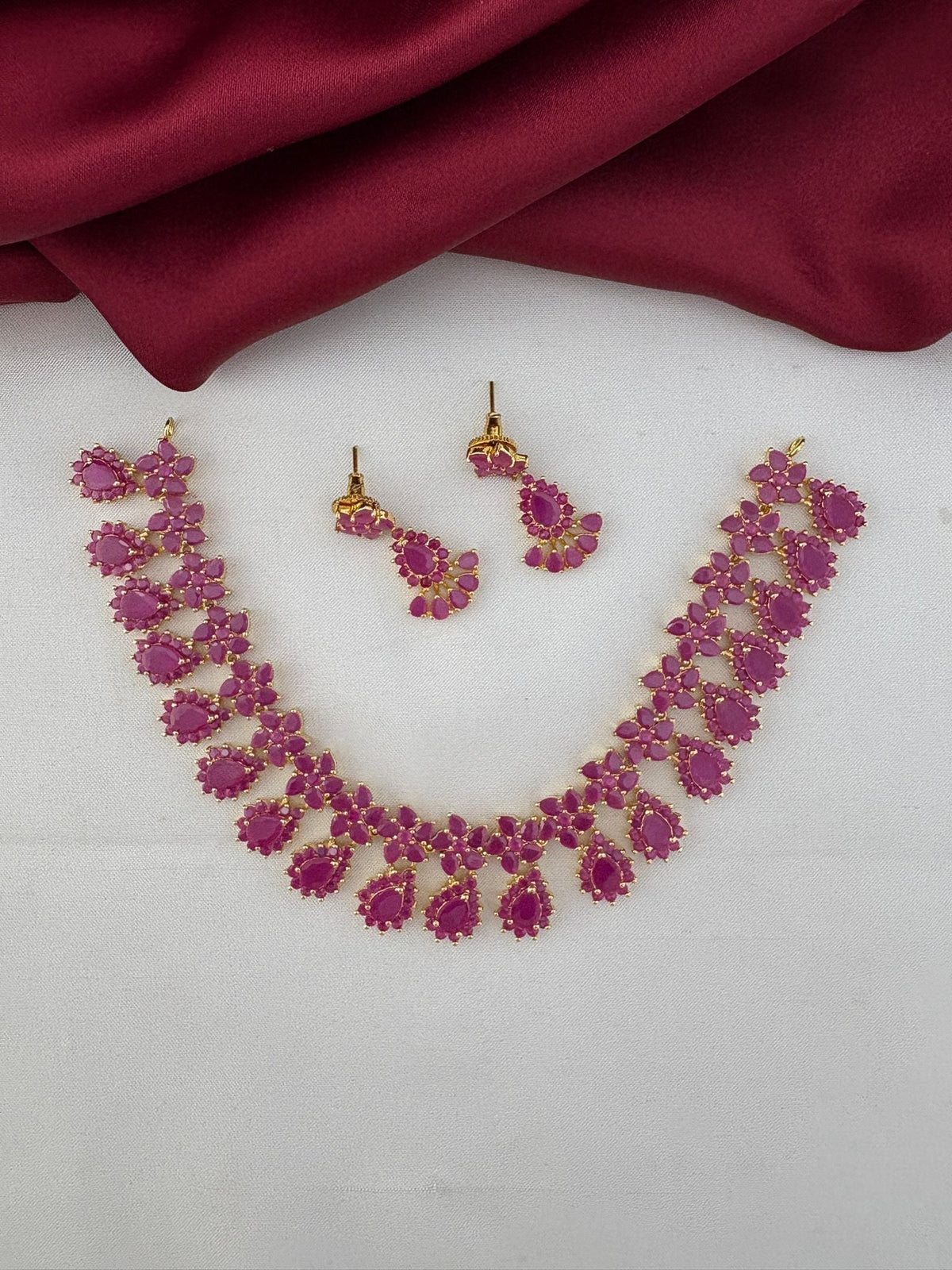 Kundan Style Ruby-Tone CZ Short Necklace and Earrings Set - Rajputana Look Collection – front view